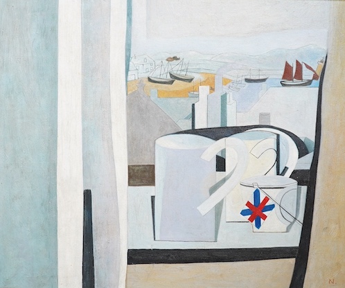 A decorative oil on board, Still life before a coastal view, 50 x 60cm. Condition - good